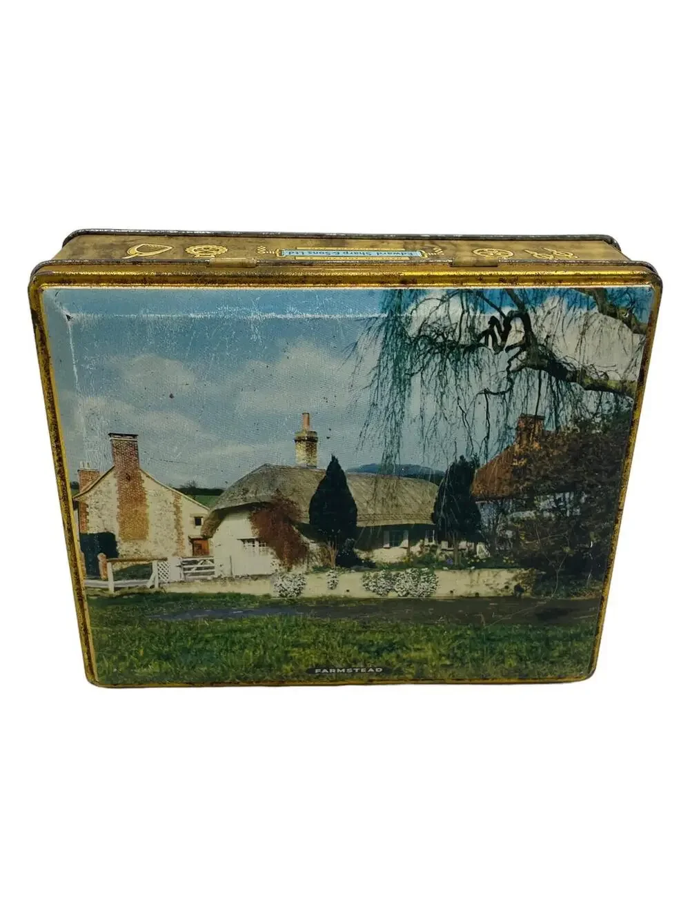 Vintage English Tin Box: Farmstead Countryside Scene